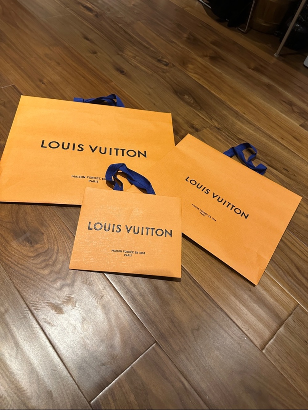 Louis Vuitton Orange Paper Shopping Bags with Blue Ribbon Handles - Set of Three